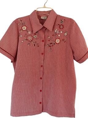 Vintage Koret Red and white short sleeve shirt gingham button up Small